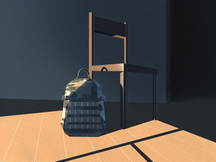 Рюкзак Олександра стоїть на підлозі в сонячному світлі.