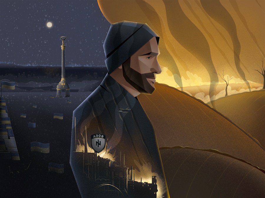 Портрет Михайла. Зліва – Майдан, справа – Донбас. Азовсталь – всередині.

